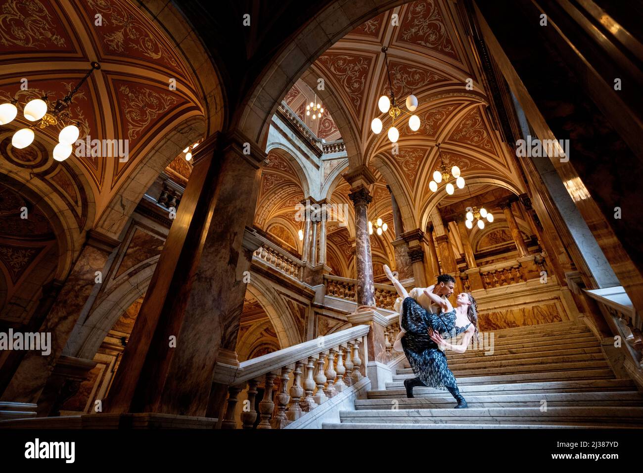 Principal dancer Jerome Anthony Barnes as Rudolf and soloist Claire Souet as mistress Mary Vetsera, during a photocall ahead of Scottish Ballet's world premiere of The Scandal at Mayerling, in the City Chambers, Glasgow. Picture date: Wednesday April 6, 2022. Stock Photo