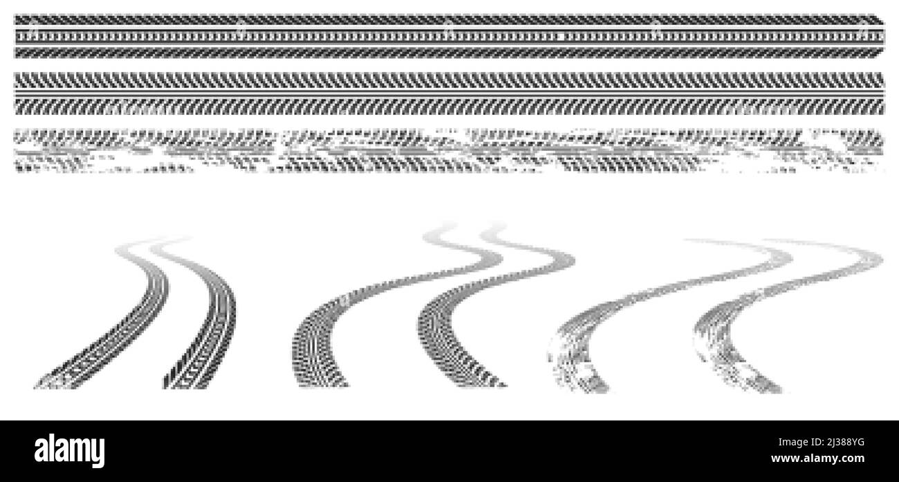 Black car tire tracks, rubber wheel print on road or dirt. Grunge winding trace from vehicle tires isolated on white background. Vector graphic set of Stock Vector