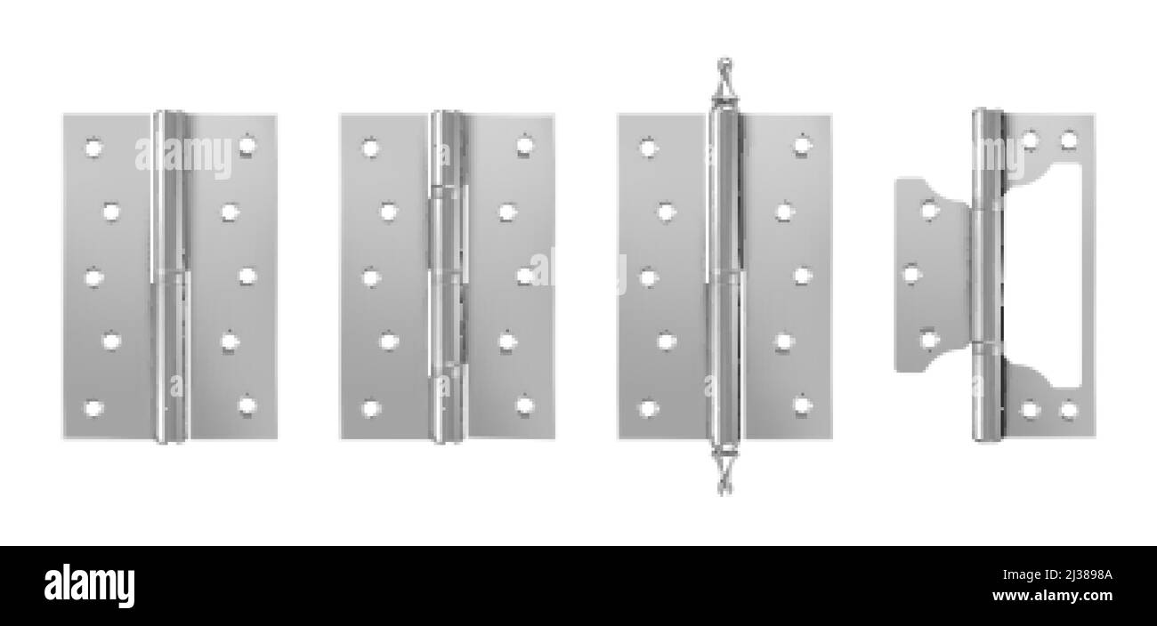 Metal door hinges, silver construction hardware isolated on white