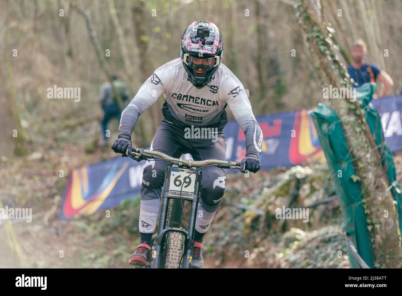 Lourdes, France : 2022 March 27 : Pau MENOYO BUSQUETS SPA competes during the UCI Mountain Bike Downhill World Cup 2022 race at the Lourdes, France. Stock Photo