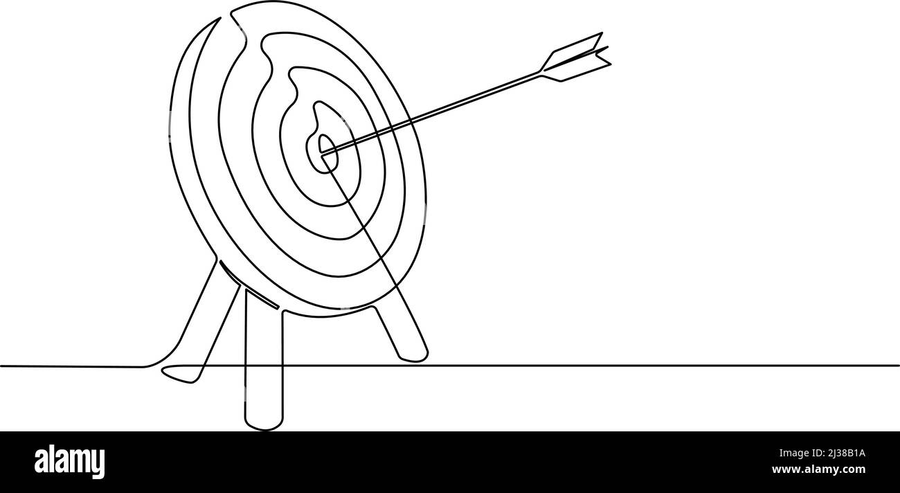 single line drawing of archery target with arrow in bullseye, continuous line vector illustration Stock Vector