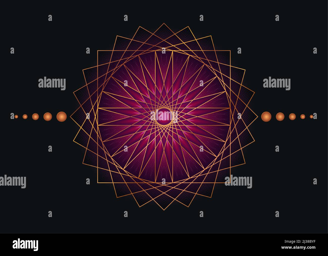Sacred Geometry Mandala, purple flower gold meditative circle icon, geometric logo design, mystical religious wheel, Indian chakra concept, vector ill Stock Vector