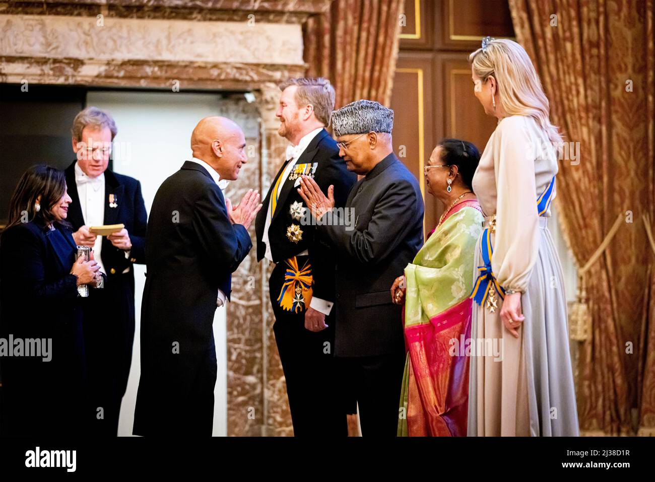 the Netherlands. 05-04-2022 Gala Queen Maxima and King Willem-Alexander with the President of the republic of India, Ram Nath Kovind and his wife, Savita Kovind, during the state banquet at the Dam palace, Paleis op de Dam, in Amsterdam on the 1st day of the 2 day statevisit to the Netherlands.   ( Photo by PPE/Sipa USA) Stock Photo