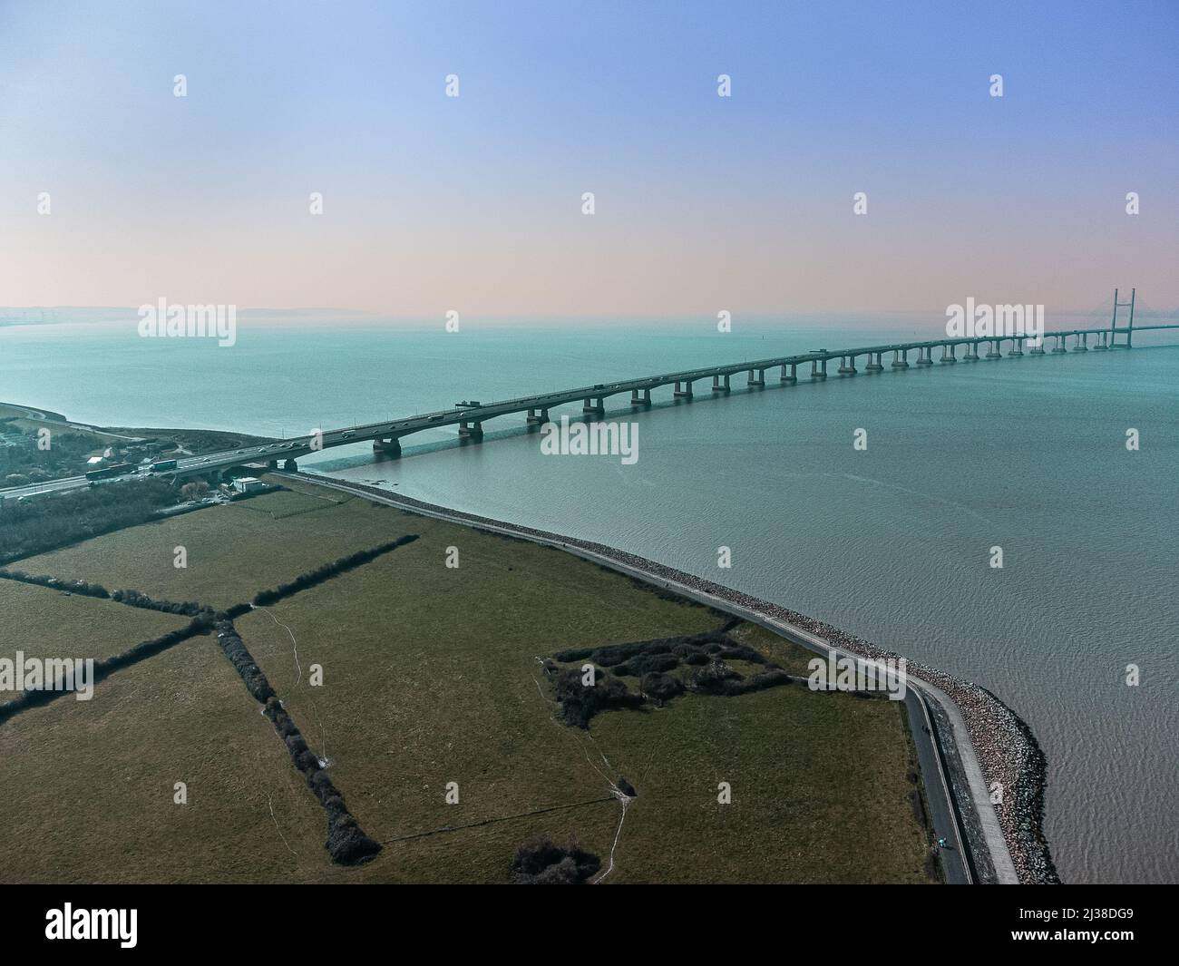 Aerial view of the Second Severn Crossing / Prince of Wales bridge carrying the M4 motorway between England and Wales across the Bristol Channel Stock Photo