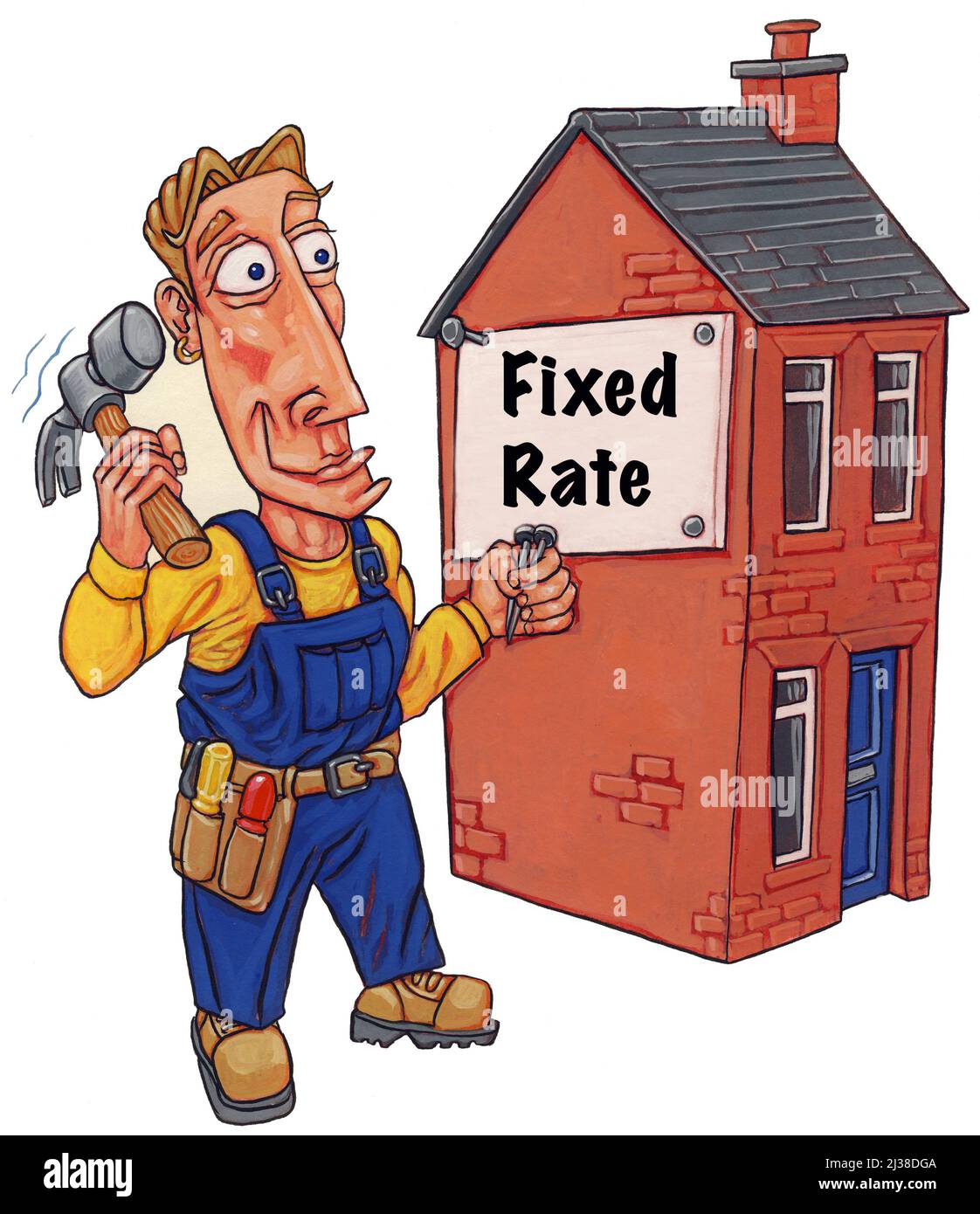 Concept art builder nailing up sign on house saying Fixed Rate, illustrating popularity of fixed rate mortgages as incomes fall & interest rates rise. Stock Photo