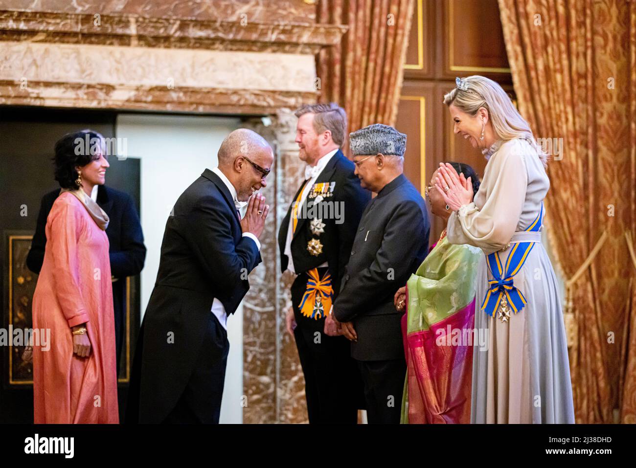 the Netherlands. 05-04-2022 Gala Queen Maxima and King Willem-Alexander with the President of the republic of India, Ram Nath Kovind and his wife, Savita Kovind, during the state banquet at the Dam palace, Paleis op de Dam, in Amsterdam on the 1st day of the 2 day statevisit to the Netherlands.   ( Photo by PPE/Sipa USA) Stock Photo