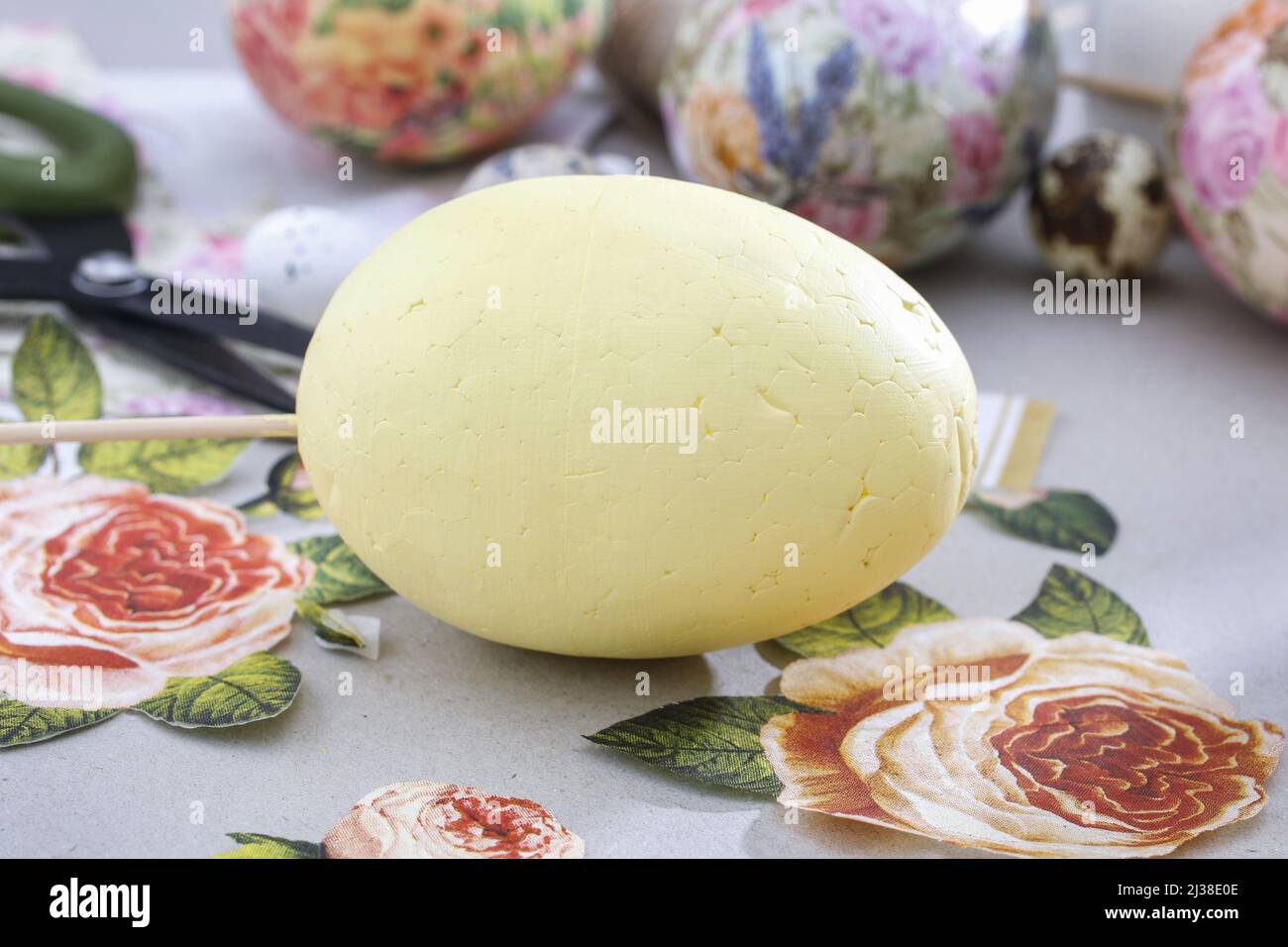 Decorating Easter eggs with decoupage technique. Hobby time Stock Photo