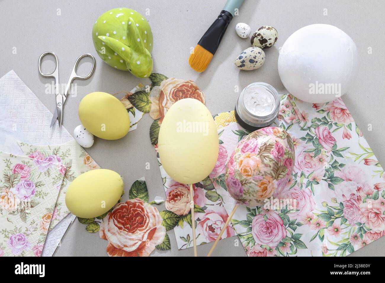 Decorating Easter eggs with decoupage technique. Hobby time Stock Photo