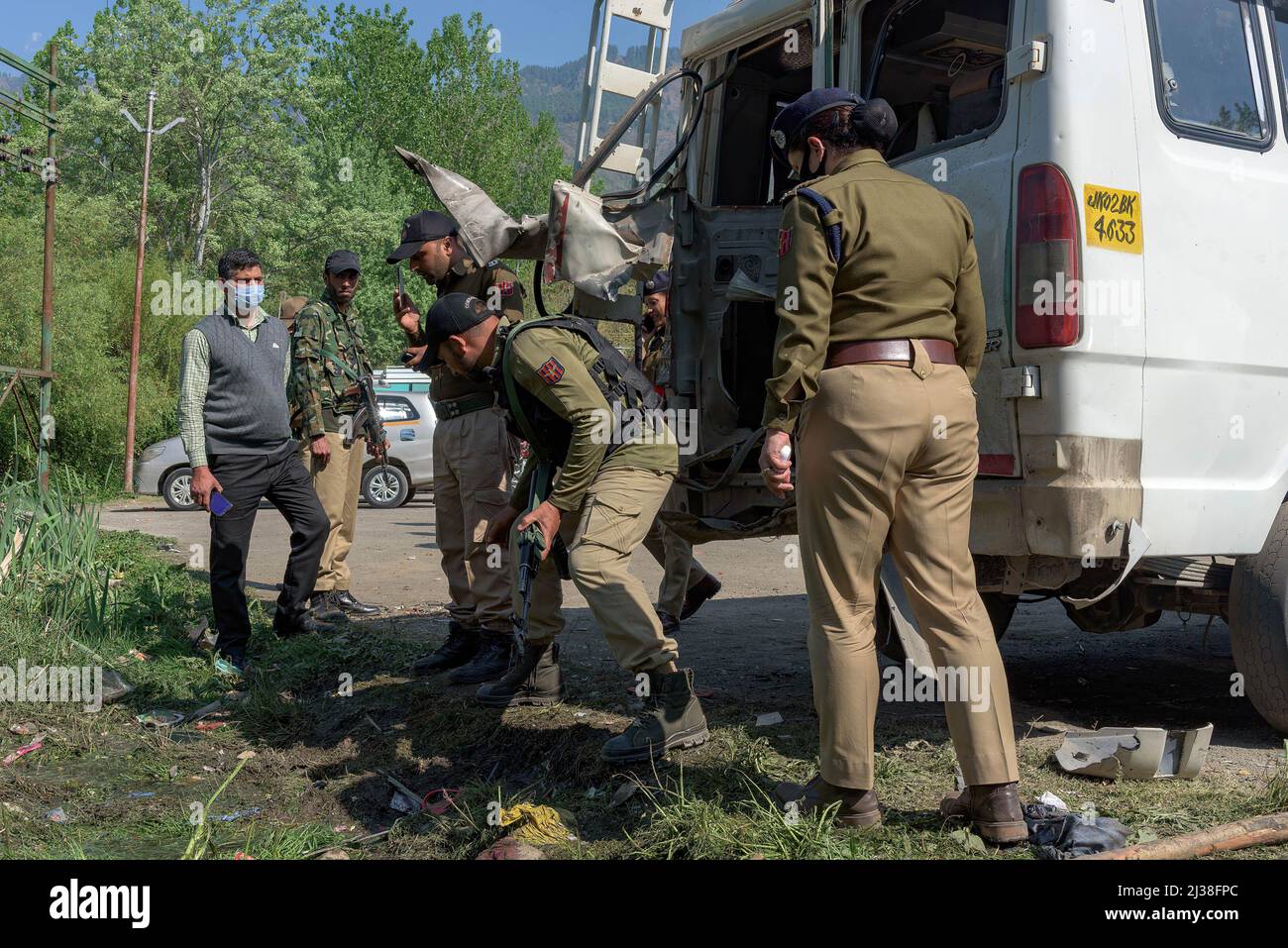 Srinagar, India. 06th Apr, 2022. Indian forces inspect partially damaged tempo vehicle following a suspected cylinder blast at a car parking area outside tulip garden in Srinagar. (Photo by Idrees Abbas/SOPA Images/Sipa USA) Credit: Sipa USA/Alamy Live News Stock Photo