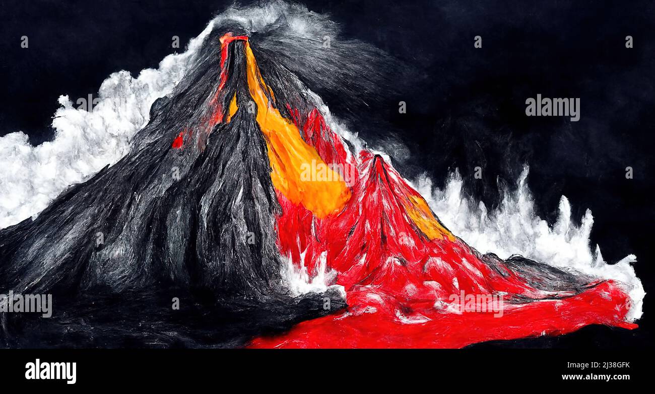 Apocalypse, volcanic eruption. Lava magma flows flow down volcano mouth