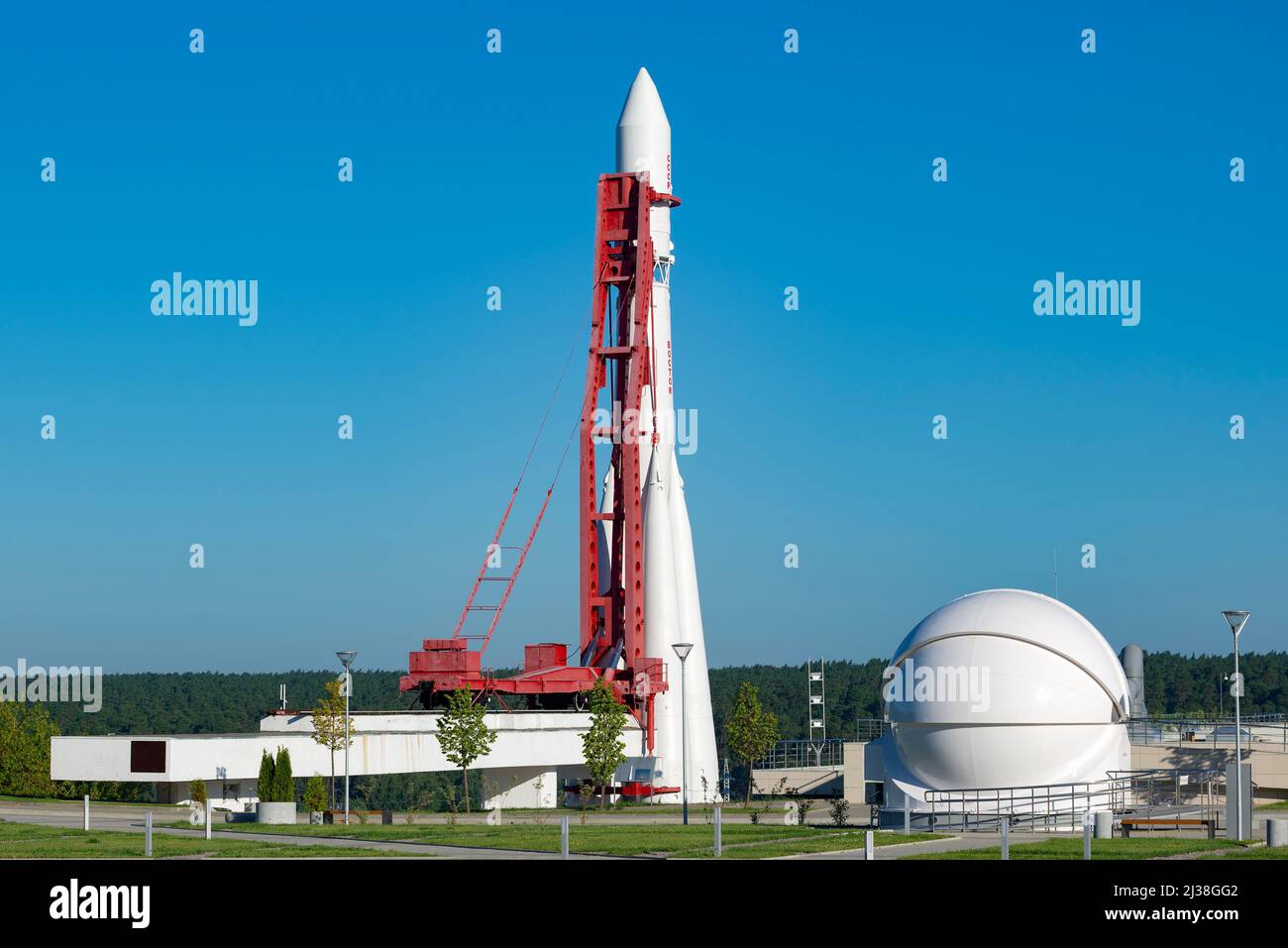 KALUGA, RUSSIA - JULY 07, 2021: Soviet Vostok space rocket. A fragment of the exposition of the Tsiolkovsky Cosmonautics Museum. Kaluga Stock Photo