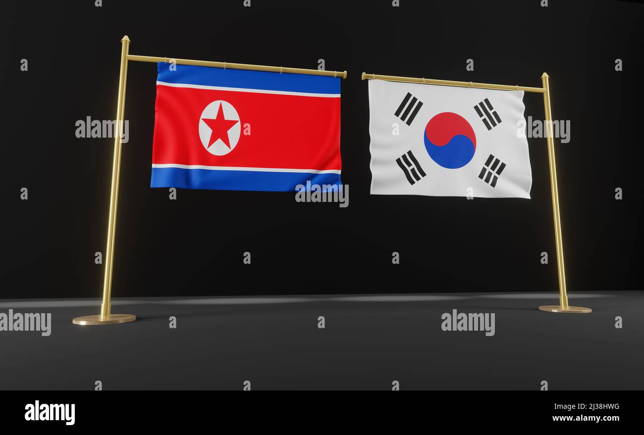 North Korea and south korea flags. North Korea and south korea flag. North Korea and south korea negotiations. 3D work and 3D image Stock Photo