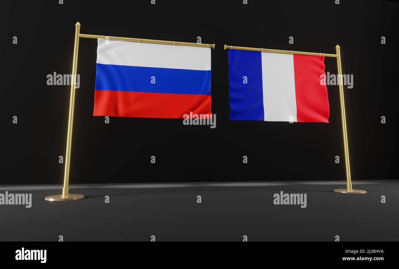 Russia and France flags. Russia and France flag. Russia and France negotiations. 3D work and 3D image Stock Photo