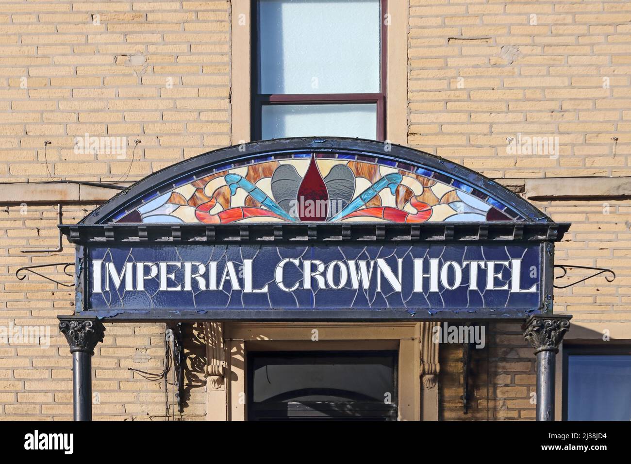 Sign on canopy at entrance to Imperial Crown Hotel, Halifax Stock Photo