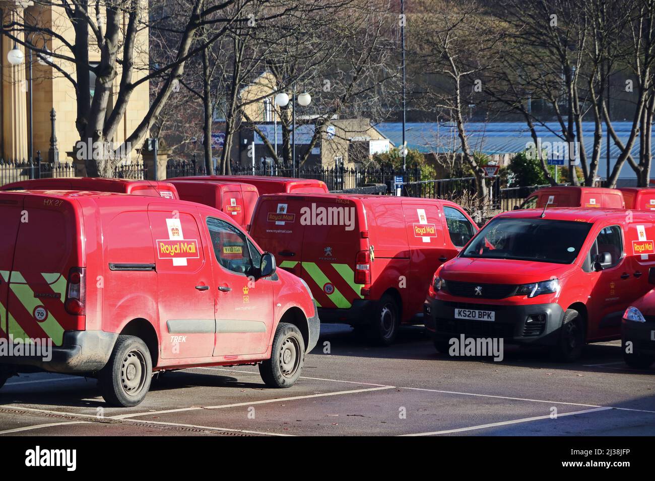 Royal Mail delivery vans parked at sorting office, Halifax Stock Photo