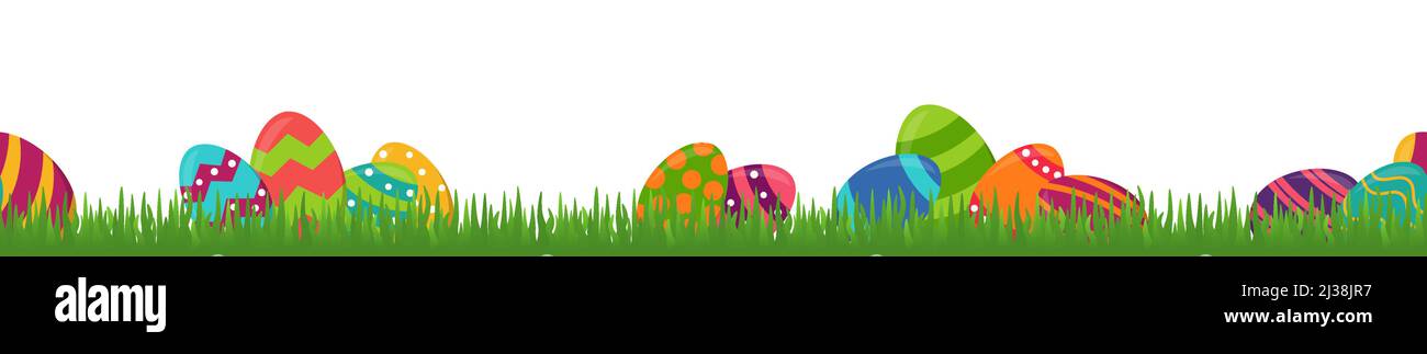 eps vector panorama illustration for easter time, happy fresh seamless background with green grass with different painted eggs. Spring time backdrop f Stock Vector