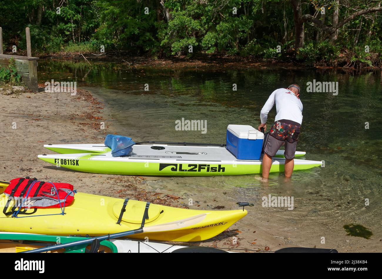 man preparing for river trip, double paddle board, cooler, kayaks waiting, sandy shore, clear water, recreation, leisure, sport, Chassakowitzka Nation Stock Photo