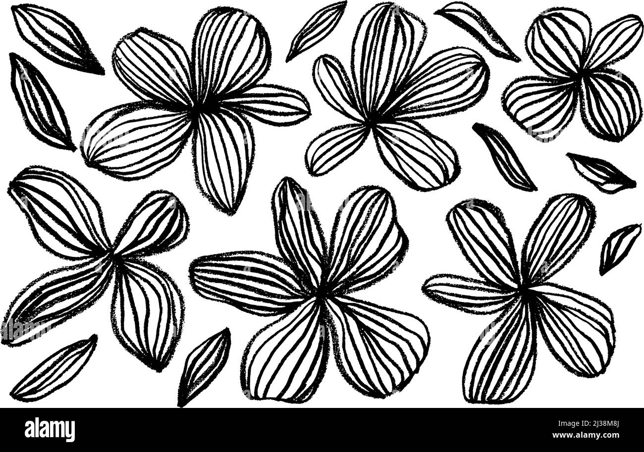 Abstract modern black linear flowers vector set. Stock Vector