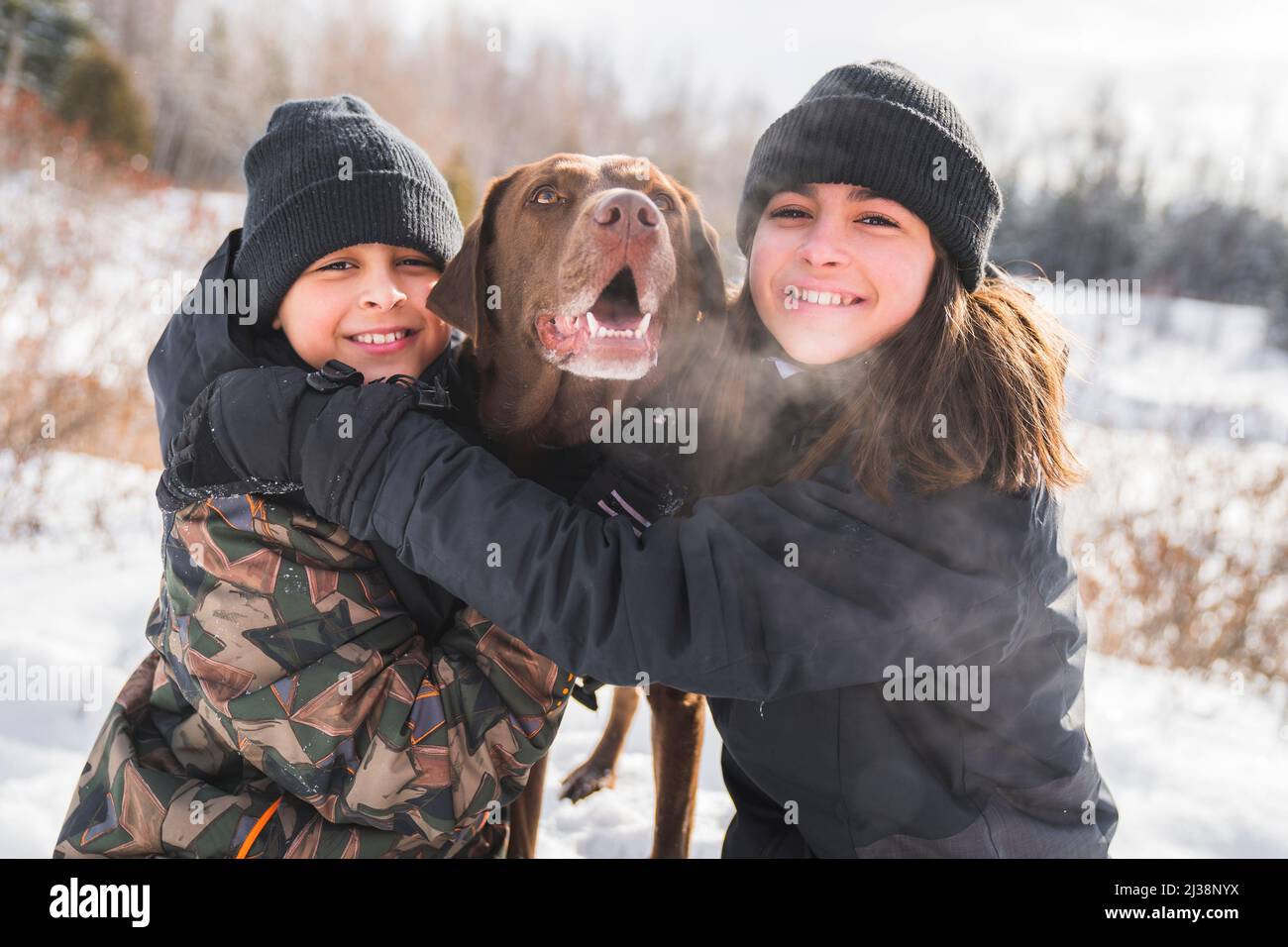 Portrait of brother and sister with labrador dog in winter season Stock Photo