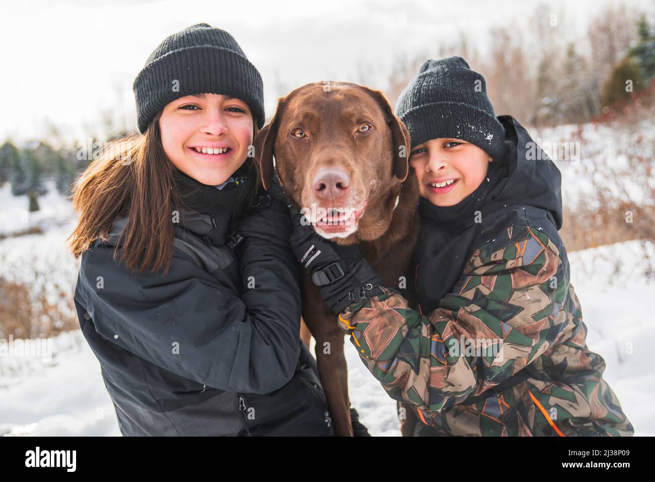 Portrait of brother and sister with labrador dog in winter season Stock Photo