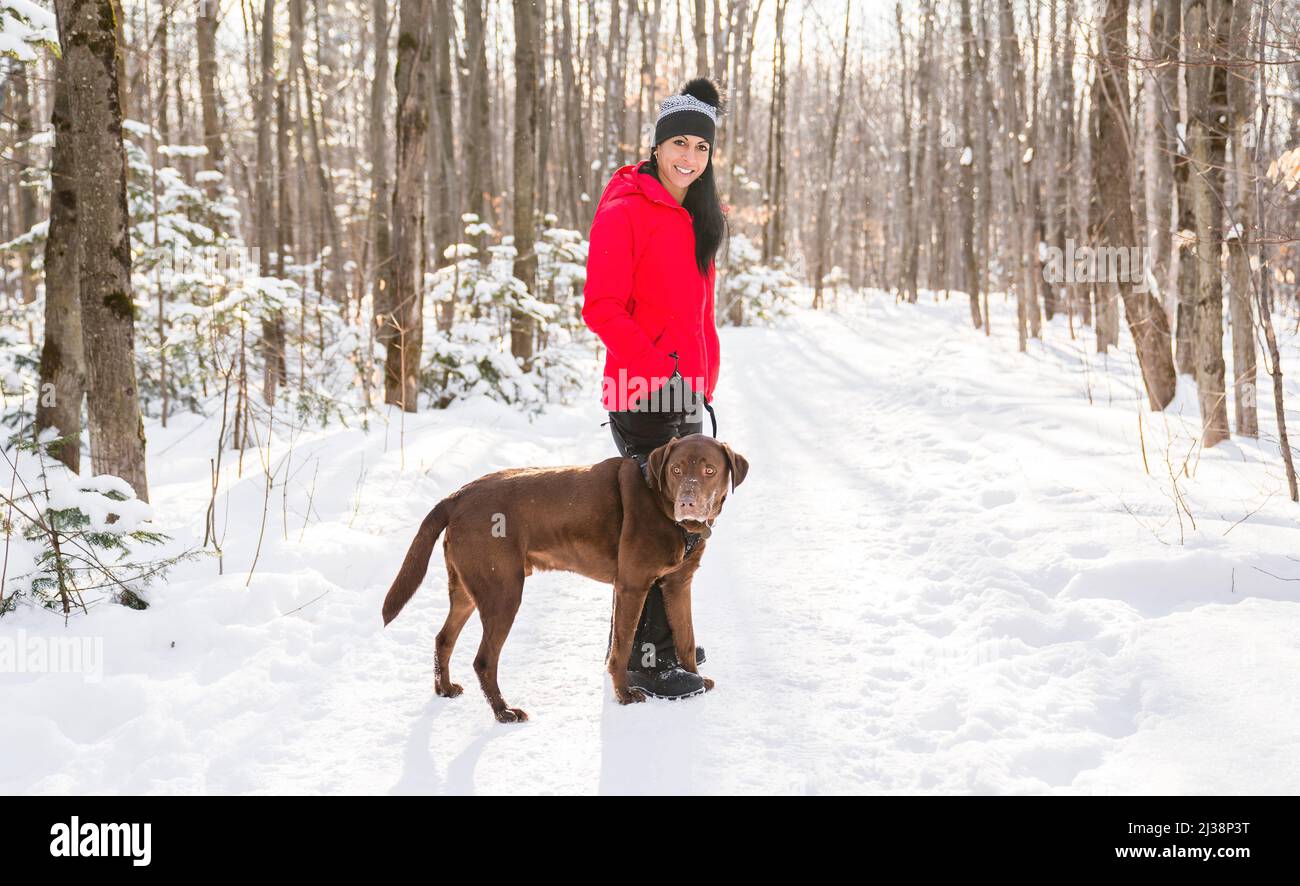 Portrait of a woman with labrador dog in winter season Stock Photo