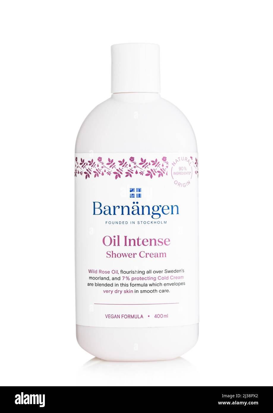 LONDON,UK - MARCH 01,2022: Barnangen shower cream with oil intense on white. Product of Sweden Stock Photo