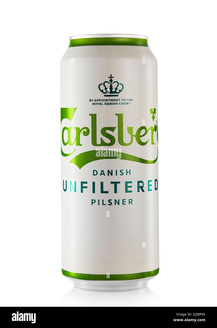 LONDON,UK - FEBRUARY 14,2022: Unfiltered Carlsberg pilsner beer on white. Stock Photo