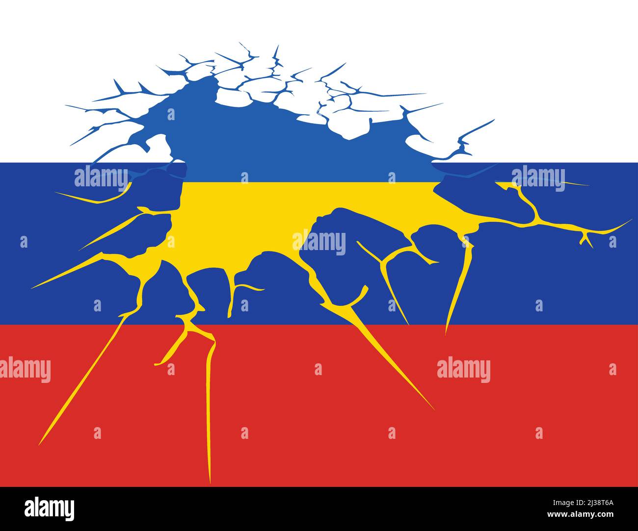 Damaged Russia with Ukraine flags Stock Vector