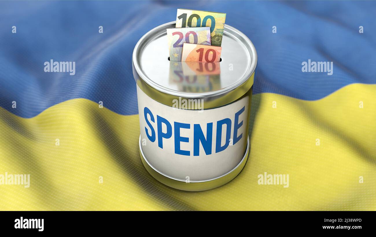 Donation box on Ukraine flag - donations to Ukraine Stock Photo