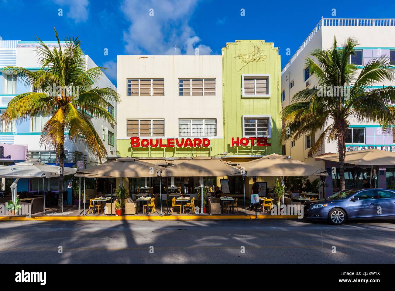 MIAMI, USA - AUG 5, 2013: The Boulevard hotel located next to Colony Hotel at Ocean Drive and built in the 1930's is one of the most photographed hote Stock Photo