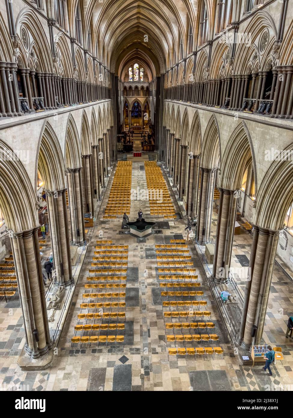 inside view looking over the Nave and Quire to Trinity Chapel at the East end of Salisbury Cathedral, England. Stock Photo