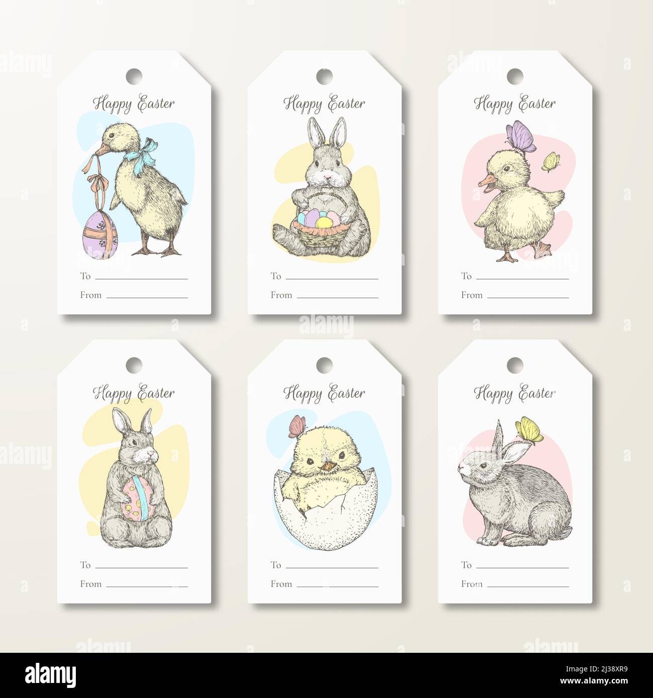 Happy Easter Greeting Cards or Ready-to-Use Gift Tags or Labels Templates Set. Hand Drawn Cute Animals and Birds Sketch Illustrations. Spring Holiday Stock Vector