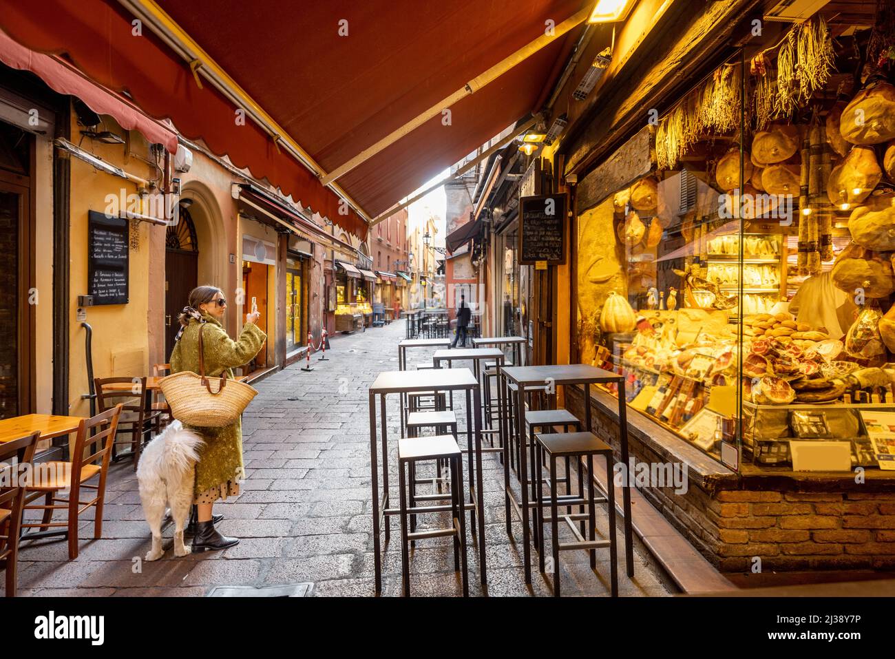 Famous gastronomical street with food stores in Bologna, Italy Stock
