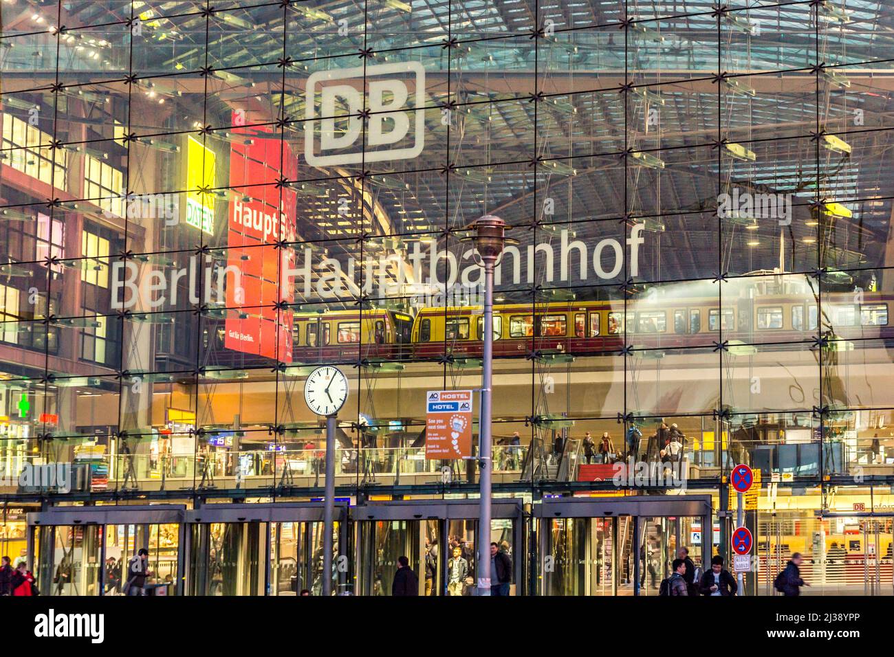 BERLIN, GERMANY - OCT 27, 2014: Berlin main station frontview by night in Berlin, Germany. This railway station came into full operation after a cerem Stock Photo