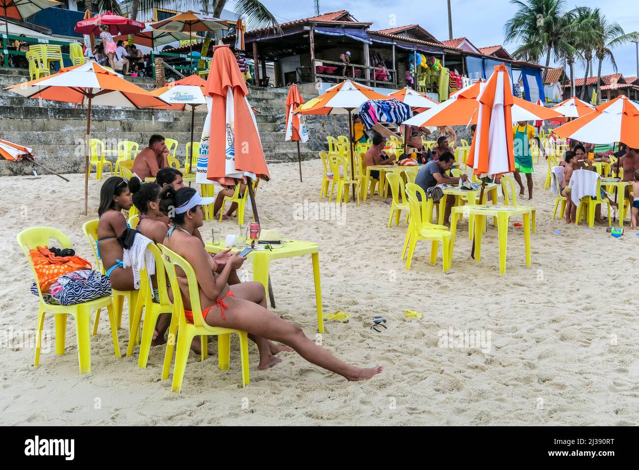 MACEIO, BRAZIL - DEC 20, 2015: people enjoy the fast food restaurant at the frances beach in Maceio. It is a very pupular beach by local people. Stock Photo