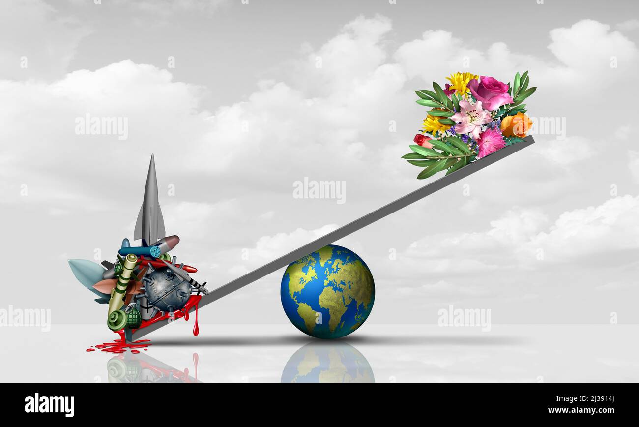 Global war concept and international conflict symbol with a world scale icon with heavy weapons versus flowers and olive branches as a diplomacy. Stock Photo