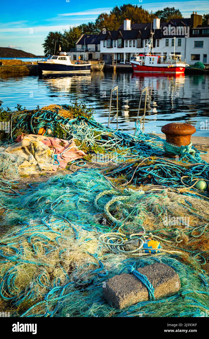 Piled nets and ropes, Roundstone harbour, Connemara, County Galway, Ireland. Stock Photo