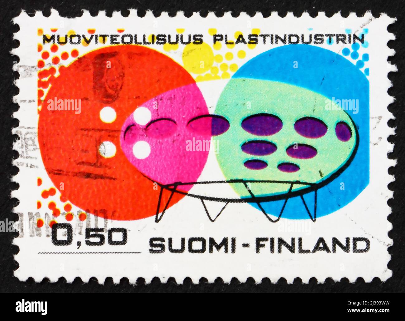 FINLAND - CIRCA 1971: a stamp printed in the Finland shows Plastic Buttons and Houses, Finnish plastics industry, circa 1971 Stock Photo