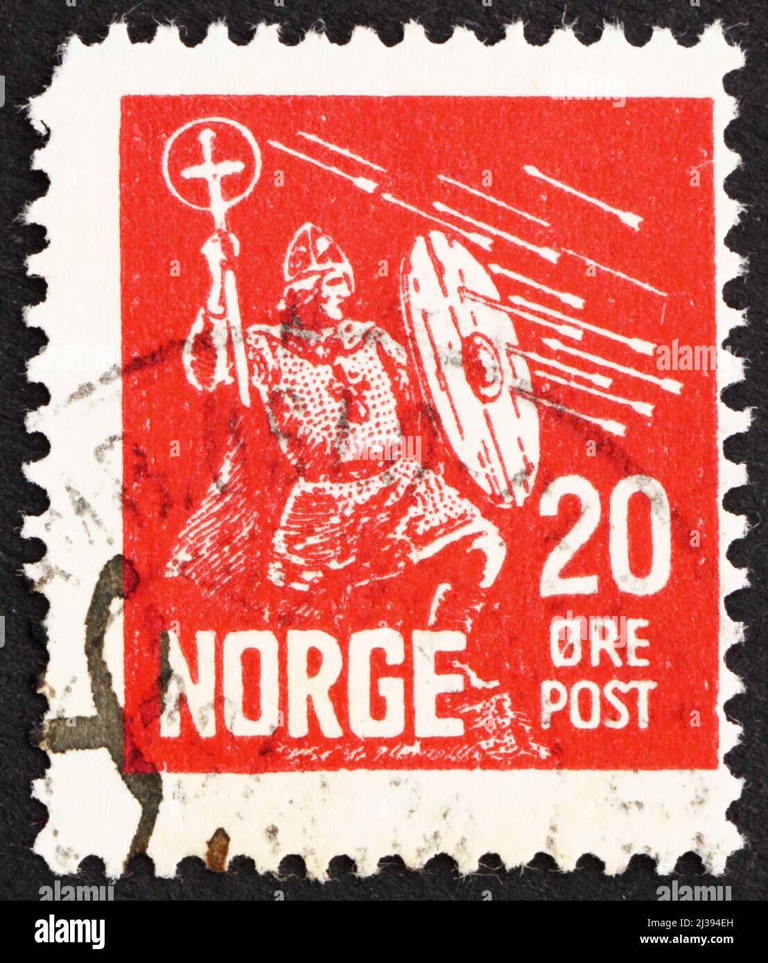 NORWAY - CIRCA 1930: a stamp printed in the Norway shows Saint Olaf, King of Norway, Saint of the Catholic Church, circa 1930 Stock Photo