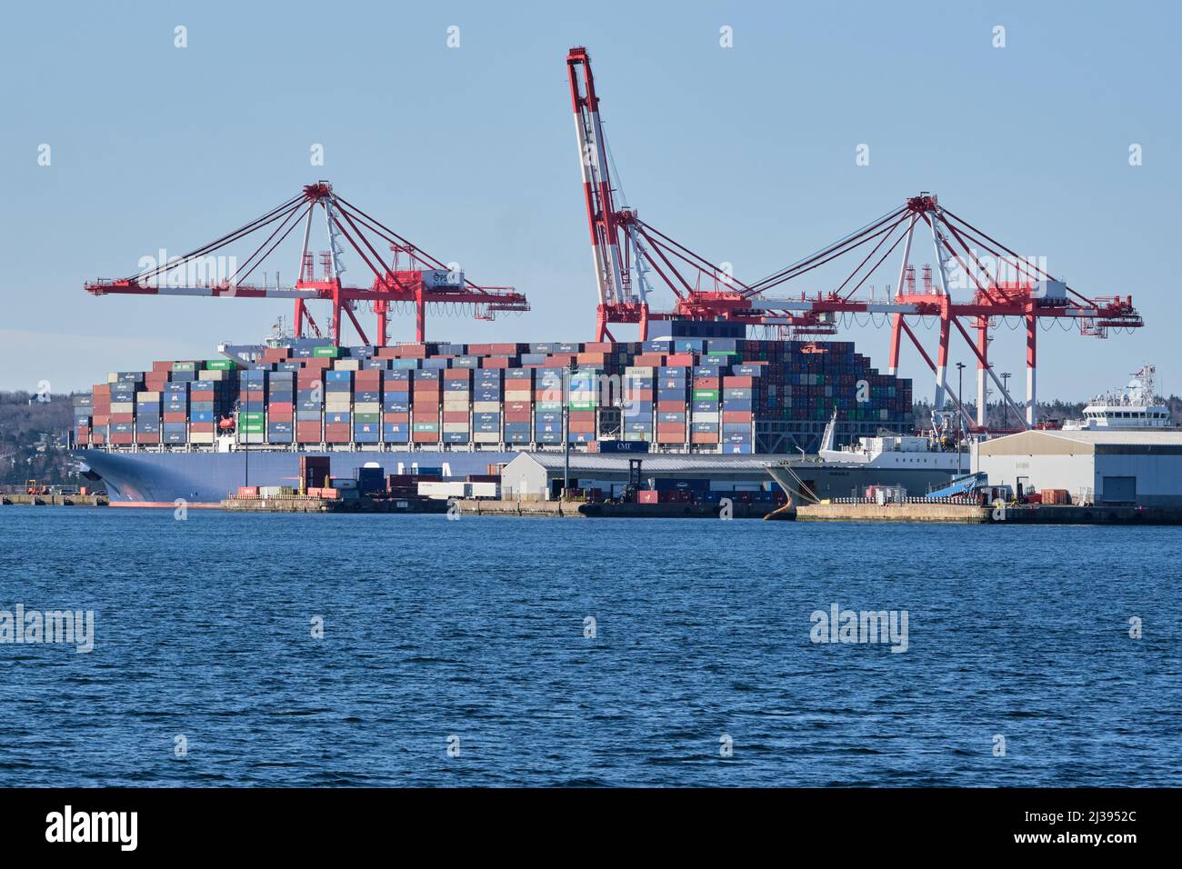 CMA CGM Cargo ship loaded with container in the Halifax, Nova Scotia port Stock Photo
