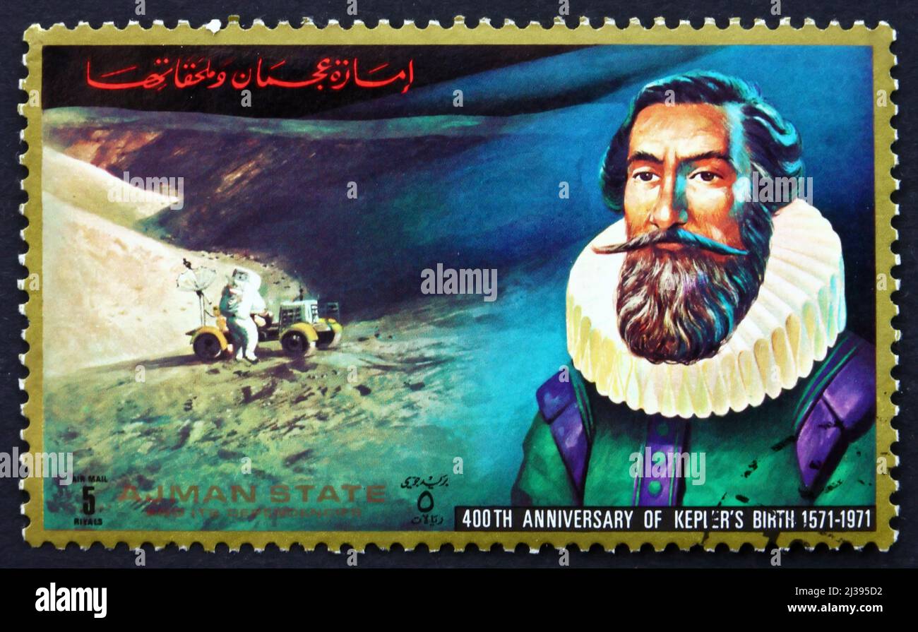 AJMAN - CIRCA 1972: a stamp printed in the Ajman shows Johannes Kepler, German Mathematician, Astronomer and Astrologer, 400th Anniversary of Kepler’s Stock Photo