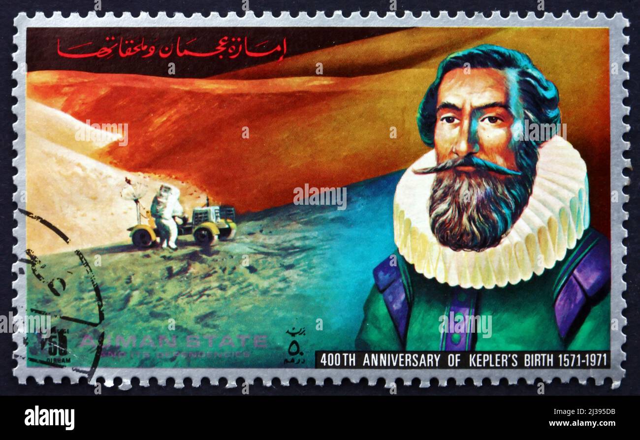 AJMAN - CIRCA 1972: a stamp printed in the Ajman shows Johannes Kepler, German Mathematician, Astronomer and Astrologer, 400th Anniversary of Kepler’s Stock Photo