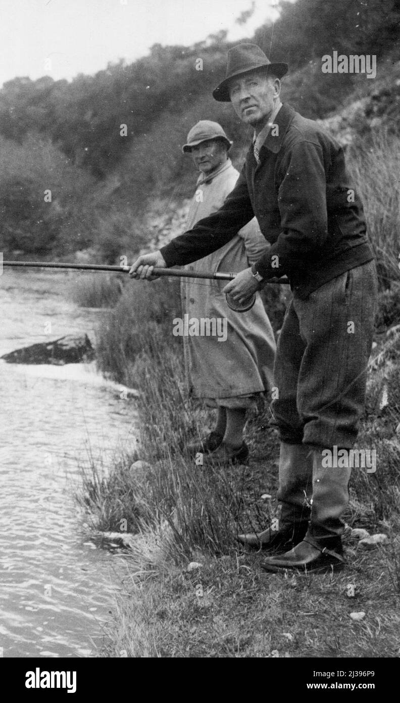 Lord Londonderry's Angling Holiday In The North -- Lord Londonderry, in shorting attire, fishing on the banks of the Brora River. Lord Londonderry, in shorting attire, fishing on the banks of the Brora River. Lord Londonderry, Ex-Air Minister, is at present spending a fishing holiday at Brora, Sutherland, where he is fishing the Brora river. Owing to the exceptionally bright weather, angling conditions have not been ideal for good sport. April 11, 1938. (Photo by Keystone). Stock Photo