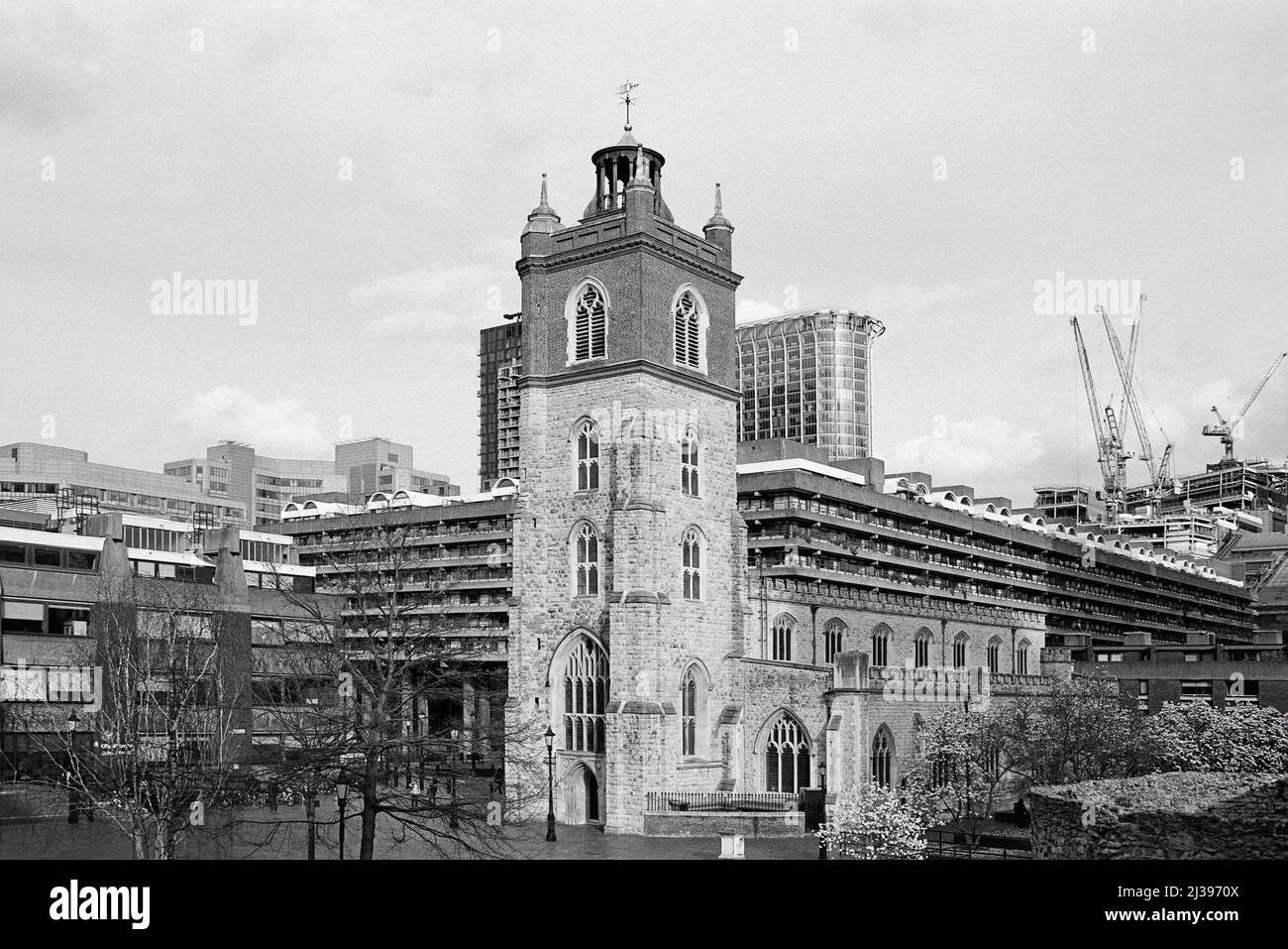 St Giles-without-Cripplegate church in the Barbican Centre, looking towards the city of London, UK Stock Photo