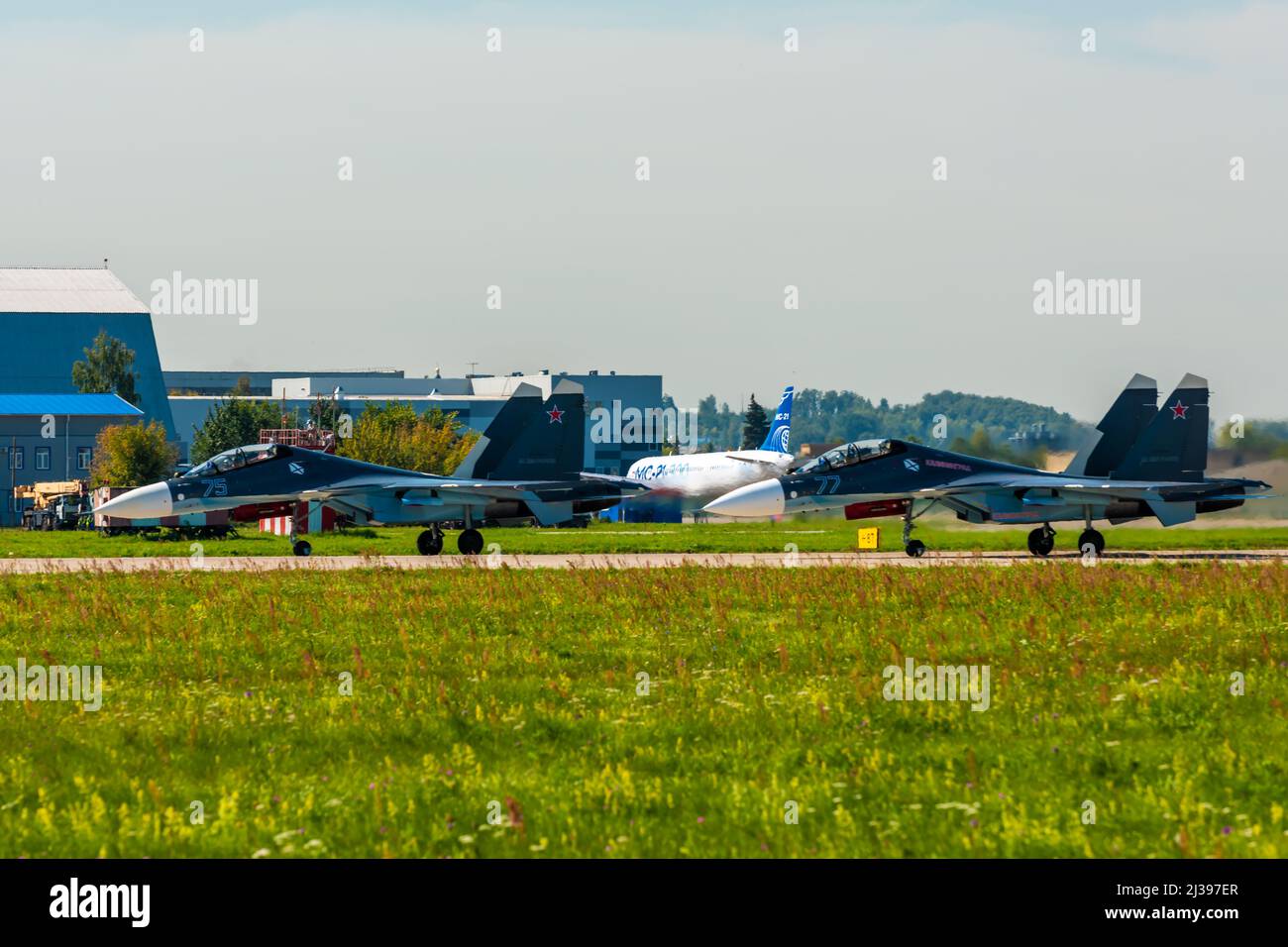 August 30, 2019, Zhukovsky, Russia. Russian multi-role Su-30SM fighters in the sky. Stock Photo