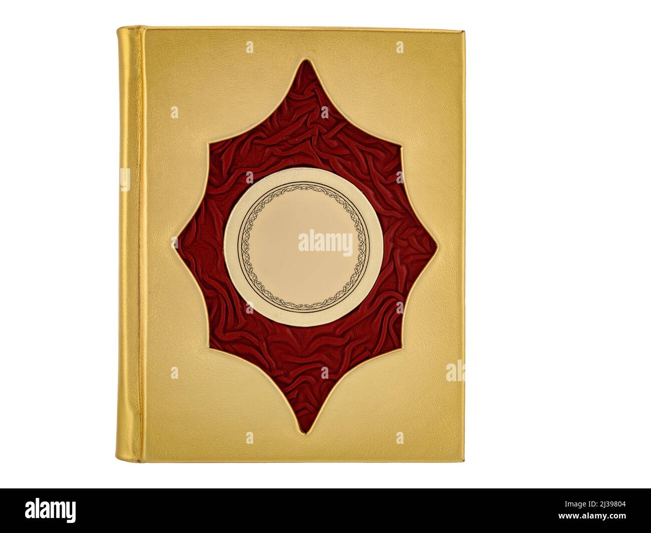 Red Gold Leather mockup book with cover color isolated on white background, front view. With empty lable and metal fittings. Stock Photo