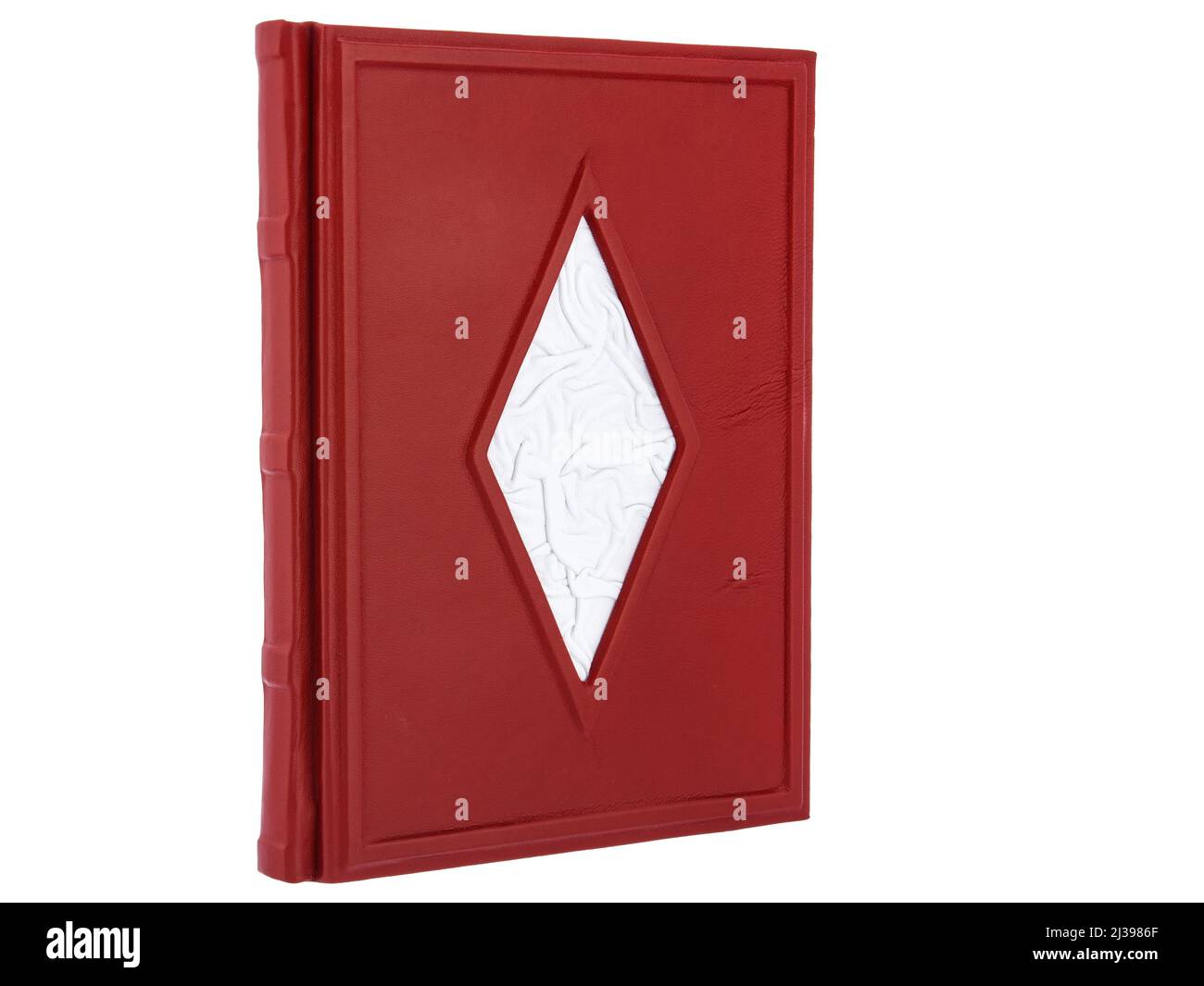 Red Silver Leather mockup book with cover color isolated on white background, front view. With empty lable and metal fittings. Stock Photo