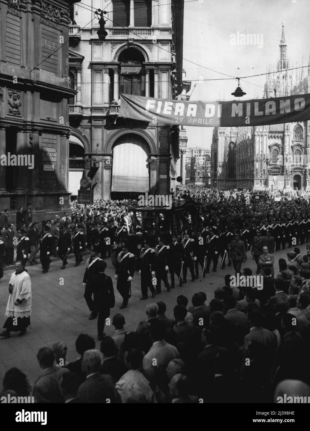 Funeral Procession For Milan Carabinier Killed During Riots -- With considerable Pomp, the funeral procession of 19-year-old Angelo Mariani, the Carabinier who was killed during the Milan riot of April 25, moves through the city, April 27. April 29, 1948. (Photo by Associated Press Photo). Stock Photo