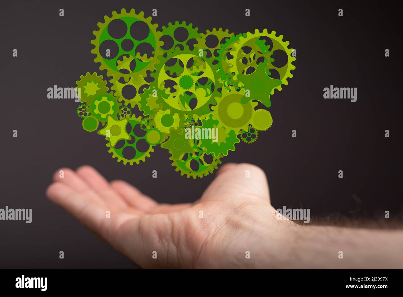 An illustration of Mechanism green gears and cogs on a black background