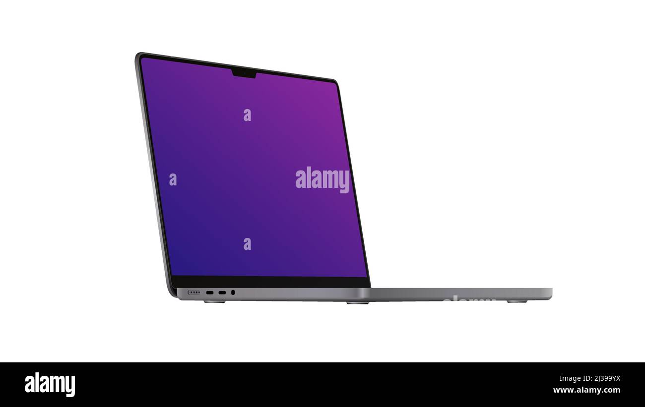 Laptop 2021 Mockup. Right side Diagonal view on the Model. Portable Gadget with Violet Screen on White Background. Vector illustration Stock Vector